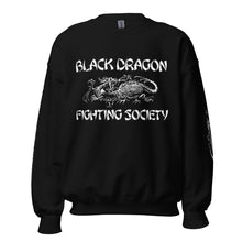 Load image into Gallery viewer, Black Dragon Fighting Society In Red Grey & Black multi print with left right arm print back tag unisex sweatshirt.