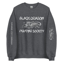 Load image into Gallery viewer, Black Dragon Fighting Society In Red Grey & Black multi print with left right arm print back tag unisex sweatshirt.