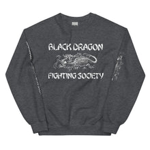 Load image into Gallery viewer, Black Dragon Fighting Society In Red Grey & Black multi print with left right arm print back tag unisex sweatshirt.