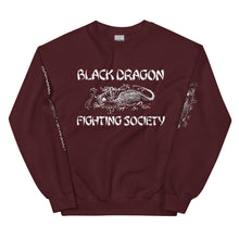 Load image into Gallery viewer, Black Dragon Fighting Society In Red Grey & Black multi print with left right arm print back tag unisex sweatshirt.