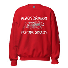 Load image into Gallery viewer, Black Dragon Fighting Society In Red Grey & Black multi print with left right arm print back tag unisex sweatshirt.