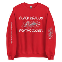 Load image into Gallery viewer, Black Dragon Fighting Society In Red Grey & Black multi print with left right arm print back tag unisex sweatshirt.