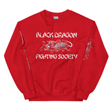 Load image into Gallery viewer, Black Dragon Fighting Society In Red Grey & Black multi print with left right arm print back tag unisex sweatshirt.