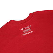 Load image into Gallery viewer, Black Dragon Fighting Society In Red Grey & Black multi print with left right arm print back tag unisex sweatshirt.