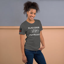 Load image into Gallery viewer, Black Dragon Fighting Society Kumite with arm patches Unisex t-shirt in Choice of colors.