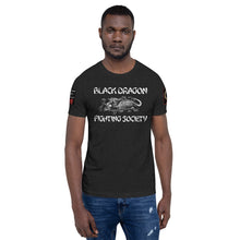 Load image into Gallery viewer, Black Dragon Fighting Society Kumite with arm patches Unisex t-shirt in Choice of colors.