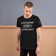 Load image into Gallery viewer, Black Dragon Fighting Society Kumite with arm patches Unisex t-shirt in Choice of colors.