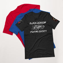 Load image into Gallery viewer, Black Dragon Fighting Society Kumite with arm patches Unisex t-shirt in Choice of colors.