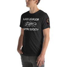 Load image into Gallery viewer, Black Dragon Fighting Society Kumite with arm patches Unisex t-shirt in Choice of colors.
