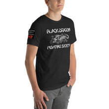 Load image into Gallery viewer, Black Dragon Fighting Society Kumite with arm patches Unisex t-shirt in Choice of colors.