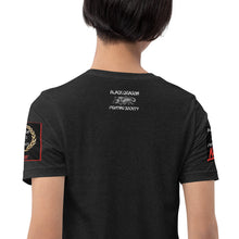 Load image into Gallery viewer, Black Dragon Fighting Society Kumite with arm patches Unisex t-shirt in Choice of colors.