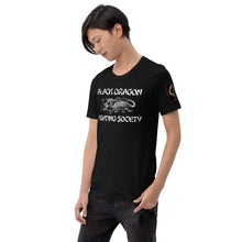 Load image into Gallery viewer, Black Dragon Fighting Society Kumite with arm patches Unisex t-shirt in Choice of colors.