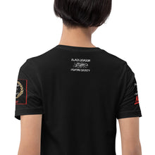 Load image into Gallery viewer, Black Dragon Fighting Society Kumite with arm patches Unisex t-shirt in Choice of colors.