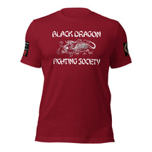 Load image into Gallery viewer, Black Dragon Fighting Society Kumite with arm patches Unisex t-shirt in Choice of colors.