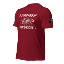 Load image into Gallery viewer, Black Dragon Fighting Society Kumite with arm patches Unisex t-shirt in Choice of colors.