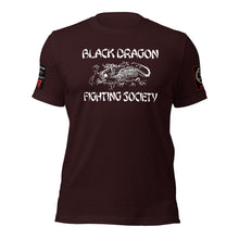 Load image into Gallery viewer, Black Dragon Fighting Society Kumite with arm patches Unisex t-shirt in Choice of colors.