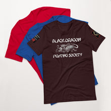 Load image into Gallery viewer, Black Dragon Fighting Society Kumite with arm patches Unisex t-shirt in Choice of colors.