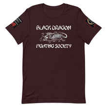 Load image into Gallery viewer, Black Dragon Fighting Society Kumite with arm patches Unisex t-shirt in Choice of colors.