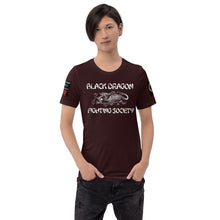 Load image into Gallery viewer, Black Dragon Fighting Society Kumite with arm patches Unisex t-shirt in Choice of colors.
