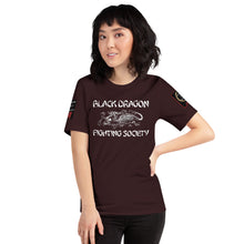 Load image into Gallery viewer, Black Dragon Fighting Society Kumite with arm patches Unisex t-shirt in Choice of colors.