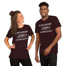 Load image into Gallery viewer, Black Dragon Fighting Society Kumite with arm patches Unisex t-shirt in Choice of colors.