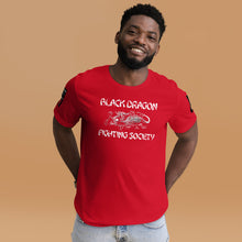 Load image into Gallery viewer, Black Dragon Fighting Society Kumite with arm patches Unisex t-shirt in Choice of colors.
