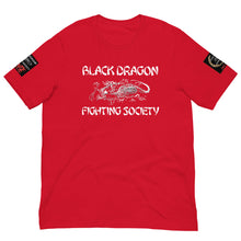 Load image into Gallery viewer, Black Dragon Fighting Society Kumite with arm patches Unisex t-shirt in Choice of colors.