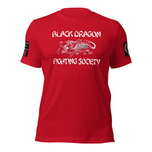 Load image into Gallery viewer, Black Dragon Fighting Society Kumite with arm patches Unisex t-shirt in Choice of colors.
