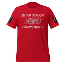 Load image into Gallery viewer, Black Dragon Fighting Society Kumite with arm patches Unisex t-shirt in Choice of colors.