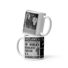 Load image into Gallery viewer, Deadliest Mn Alive is a Hair Dresser News Headline Count Dante Walking his Lion & Portrait White glossy mug