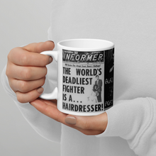 Load image into Gallery viewer, Deadliest Mn Alive is a Hair Dresser News Headline Count Dante Walking his Lion & Portrait White glossy mug