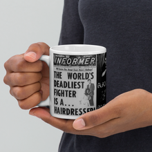 Load image into Gallery viewer, Deadliest Mn Alive is a Hair Dresser News Headline Count Dante Walking his Lion & Portrait White glossy mug