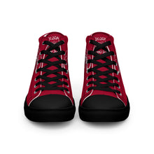 Load image into Gallery viewer, Black Dragon Fighting Society Women’s high top canvas shoes in Redwith white or black shell toe & sneaker bottoms