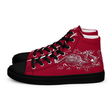 Load image into Gallery viewer, Black Dragon Fighting Society Women’s high top canvas shoes in Redwith white or black shell toe & sneaker bottoms