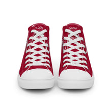 Load image into Gallery viewer, Black Dragon Fighting Society Women’s high top canvas shoes in Redwith white or black shell toe & sneaker bottoms