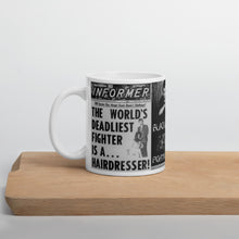 Load image into Gallery viewer, Deadliest Mn Alive is a Hair Dresser News Headline Count Dante Walking his Lion & Portrait White glossy mug