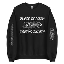 Load image into Gallery viewer, Black Dragon Fighting Society In Red Grey &amp; Black multi print with left right arm print back tag unisex sweatshirt.
