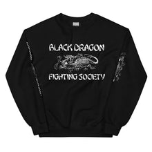 Load image into Gallery viewer, Black Dragon Fighting Society In Red Grey &amp; Black multi print with left right arm print back tag unisex sweatshirt.
