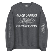 Load image into Gallery viewer, Black Dragon Fighting Society In Red Grey &amp; Black multi print with left right arm print back tag unisex sweatshirt.
