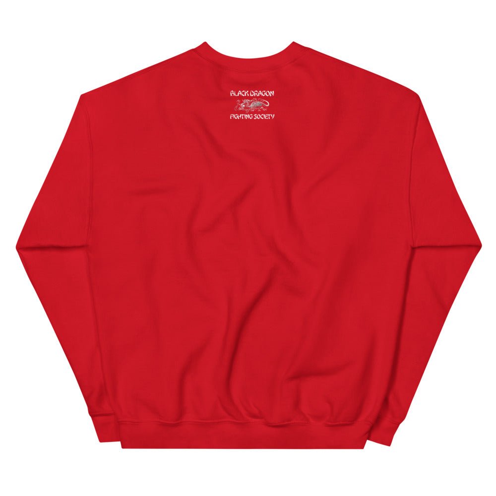 Black Dragon Fighting Society In Red Grey & Black multi print with left right arm print back tag unisex sweatshirt.