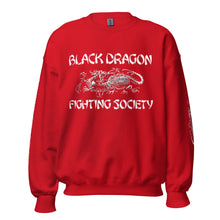 Load image into Gallery viewer, Black Dragon Fighting Society In Red Grey &amp; Black multi print with left right arm print back tag unisex sweatshirt.
