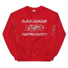 Load image into Gallery viewer, Black Dragon Fighting Society In Red Grey &amp; Black multi print with left right arm print back tag unisex sweatshirt.
