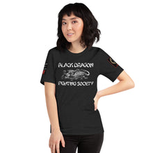 Load image into Gallery viewer, Black Dragon Fighting Society Kumite with arm patches Unisex t-shirt in Choice of colors.
