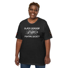 Load image into Gallery viewer, Black Dragon Fighting Society Kumite with arm patches Unisex t-shirt in Choice of colors.
