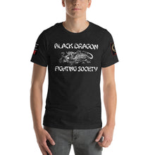 Load image into Gallery viewer, Black Dragon Fighting Society Kumite with arm patches Unisex t-shirt in Choice of colors.
