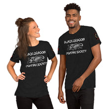 Load image into Gallery viewer, Black Dragon Fighting Society Kumite with arm patches Unisex t-shirt in Choice of colors.
