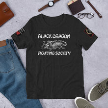Load image into Gallery viewer, Black Dragon Fighting Society Kumite with arm patches Unisex t-shirt in Choice of colors.
