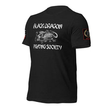 Load image into Gallery viewer, Black Dragon Fighting Society Kumite with arm patches Unisex t-shirt in Choice of colors.
