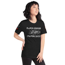 Load image into Gallery viewer, Black Dragon Fighting Society Kumite with arm patches Unisex t-shirt in Choice of colors.
