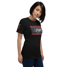 Load image into Gallery viewer, Black Dragon Fighting Society in white in Red &amp; White, Kumite Unisex t-shirt
